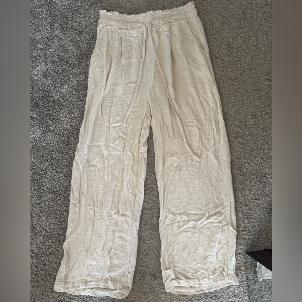 Cream Textured Linen Blend Pants